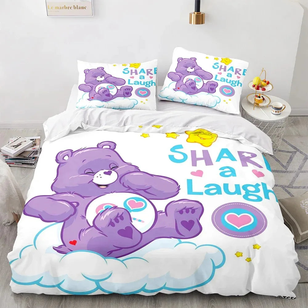 🌈 "Cloud Cuddles" Luxury Care Bears Collection Duvet Cover Set – Cartoon Anime Quilt Cover & Pillowcase Ensemble – Whimsical Kids Bedding Décor