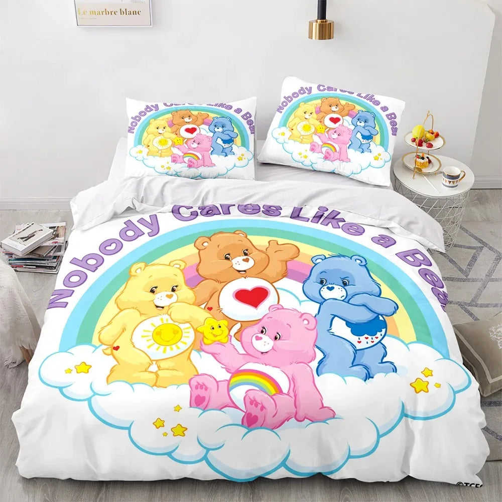🌈 "Cloud Cuddles" Luxury Care Bears Collection Duvet Cover Set – Cartoon Anime Quilt Cover & Pillowcase Ensemble – Whimsical Kids Bedding Décor