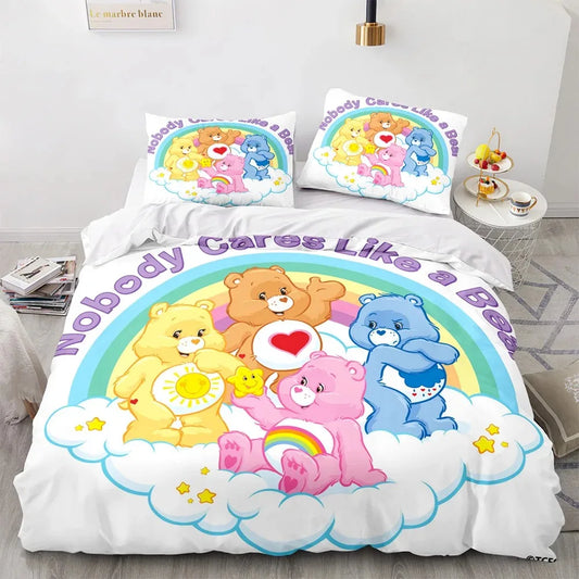 🌈 "Cloud Cuddles" Luxury Care Bears Collection Duvet Cover Set – Cartoon Anime Quilt Cover & Pillowcase Ensemble – Whimsical Kids Bedding Décor