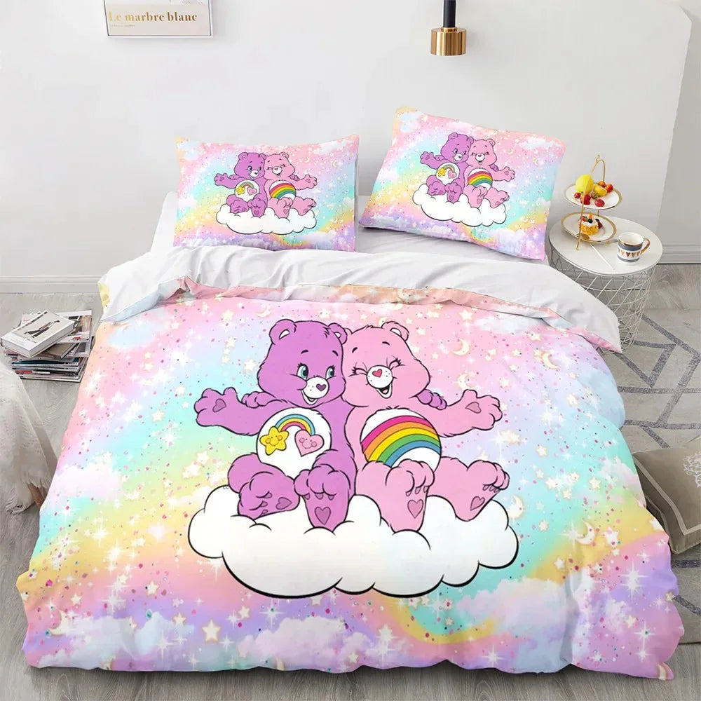 🌈 "Cloud Cuddles" Luxury Care Bears Collection Duvet Cover Set – Cartoon Anime Quilt Cover & Pillowcase Ensemble – Whimsical Kids Bedding Décor