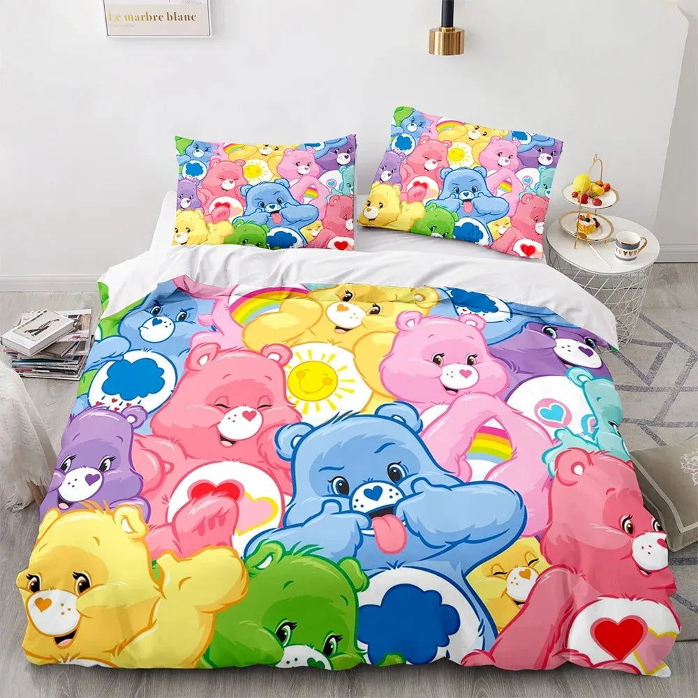 🌈 "Cloud Cuddles" Luxury Care Bears Collection Duvet Cover Set – Cartoon Anime Quilt Cover & Pillowcase Ensemble – Whimsical Kids Bedding Décor