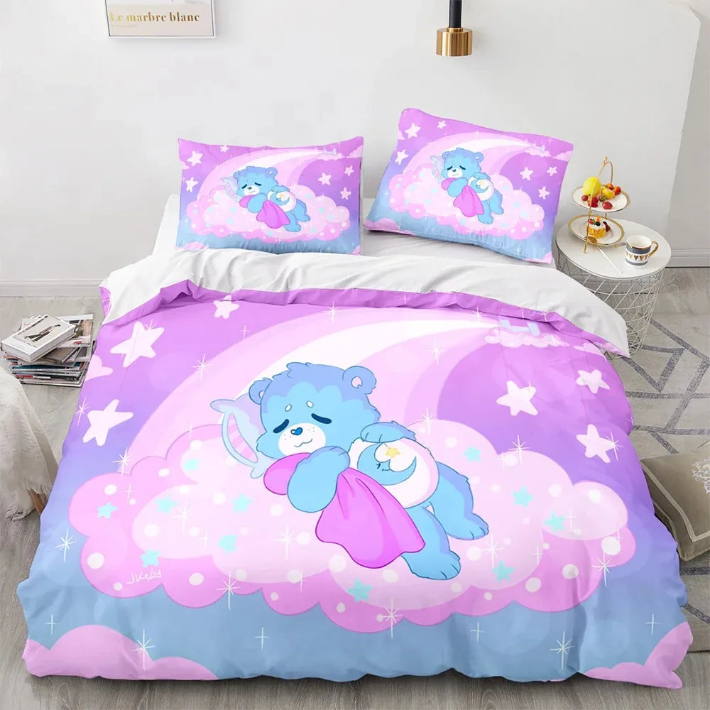 🌈 "Cloud Cuddles" Luxury Care Bears Collection Duvet Cover Set – Cartoon Anime Quilt Cover & Pillowcase Ensemble – Whimsical Kids Bedding Décor