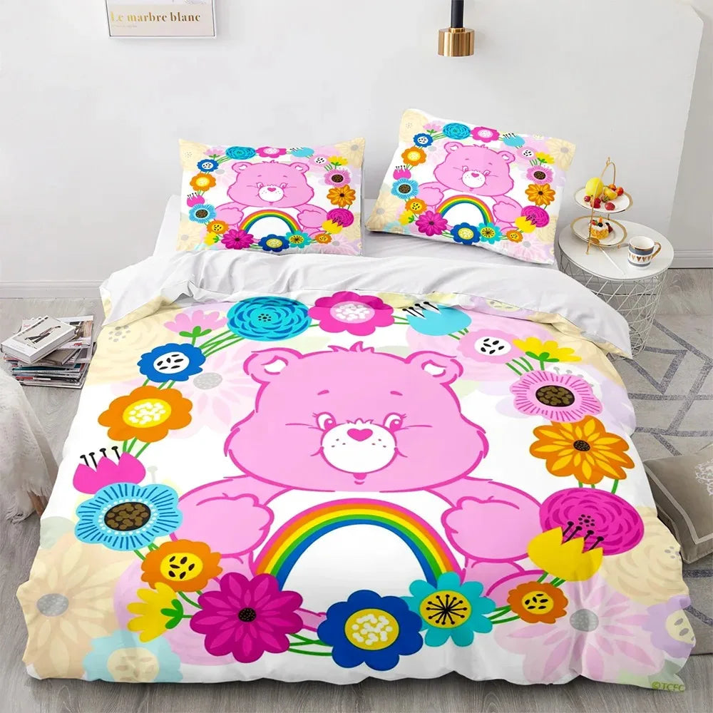🌈 "Cloud Cuddles" Luxury Care Bears Collection Duvet Cover Set – Cartoon Anime Quilt Cover & Pillowcase Ensemble – Whimsical Kids Bedding Décor