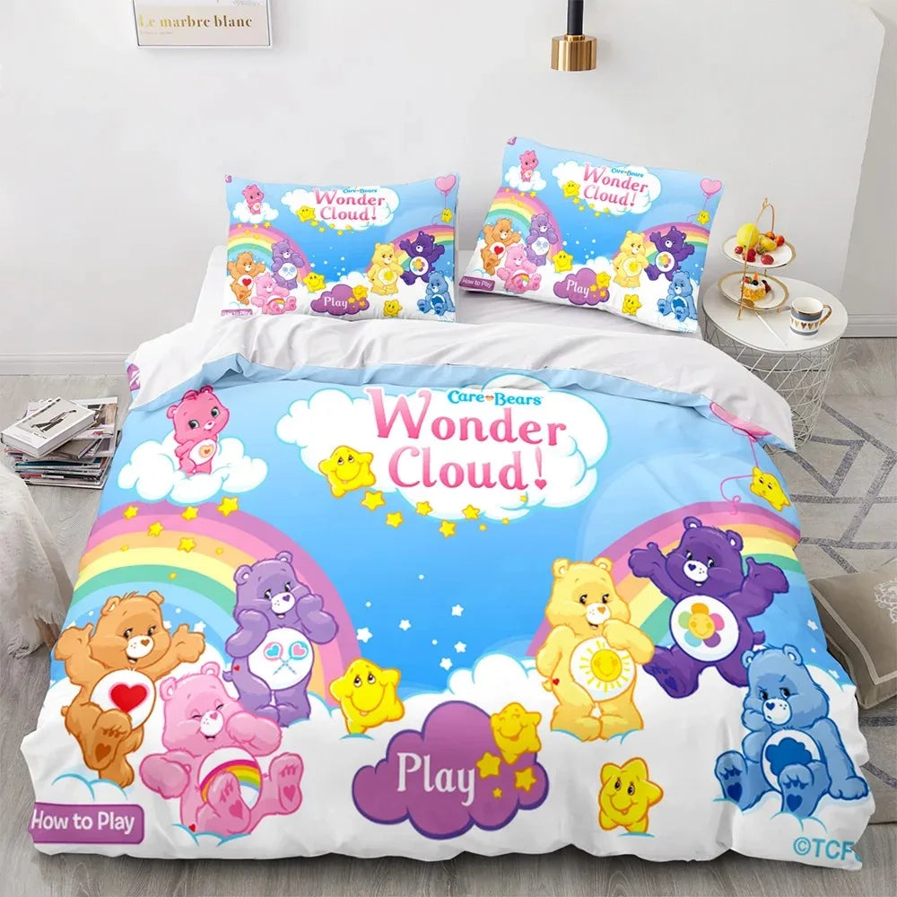 🌈 "Cloud Cuddles" Luxury Care Bears Collection Duvet Cover Set – Cartoon Anime Quilt Cover & Pillowcase Ensemble – Whimsical Kids Bedding Décor