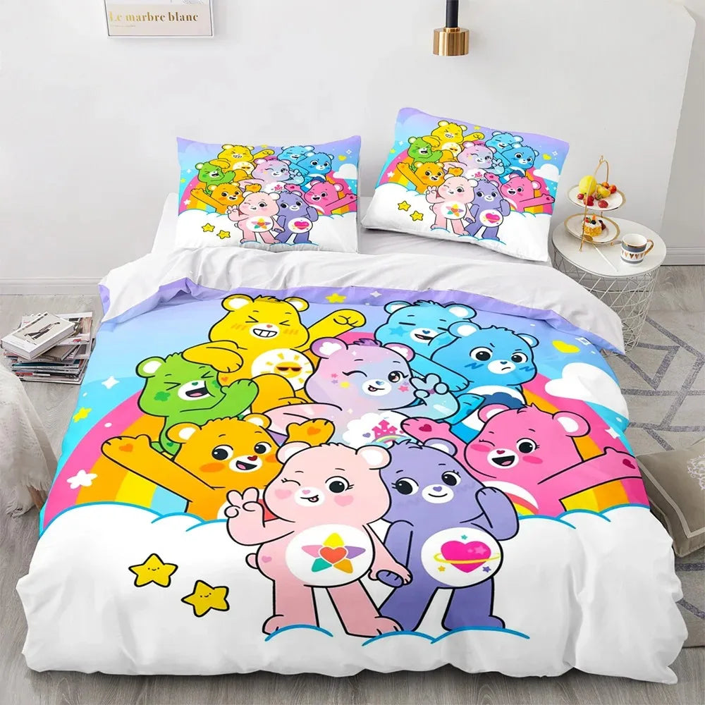 🌈 "Cloud Cuddles" Luxury Care Bears Collection Duvet Cover Set – Cartoon Anime Quilt Cover & Pillowcase Ensemble – Whimsical Kids Bedding Décor
